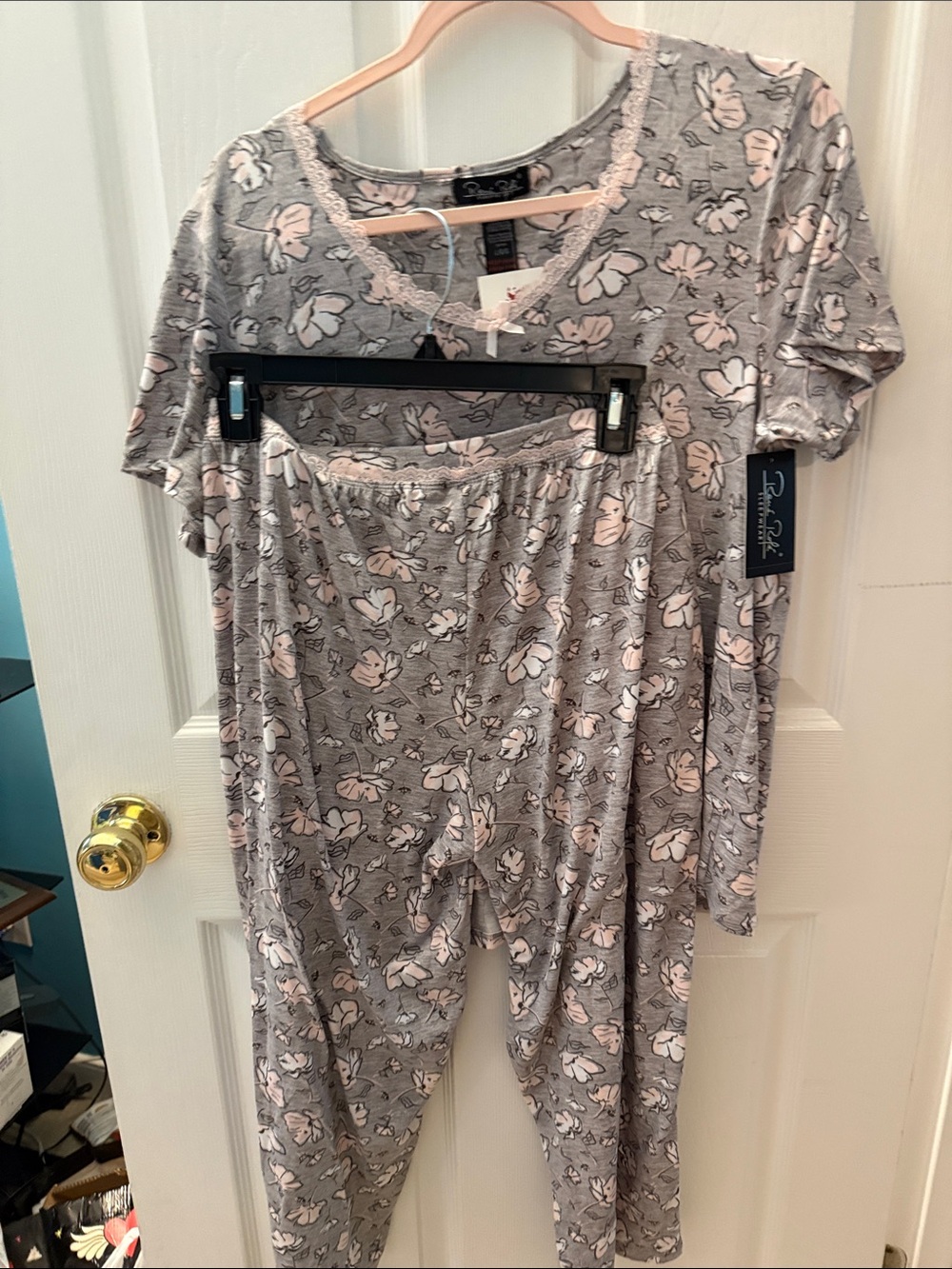 Rene Rofe Grey Pajama Set with Pink Floral Print